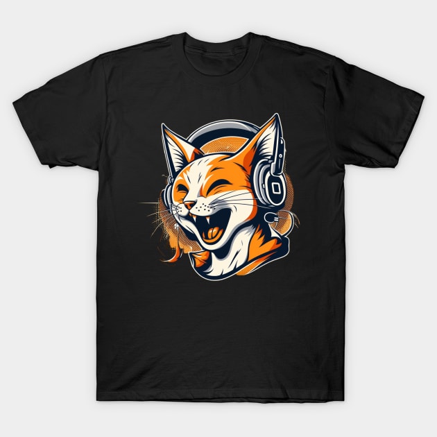 Laughing Cat - A Headset Wearing Feline T-Shirt by gibah